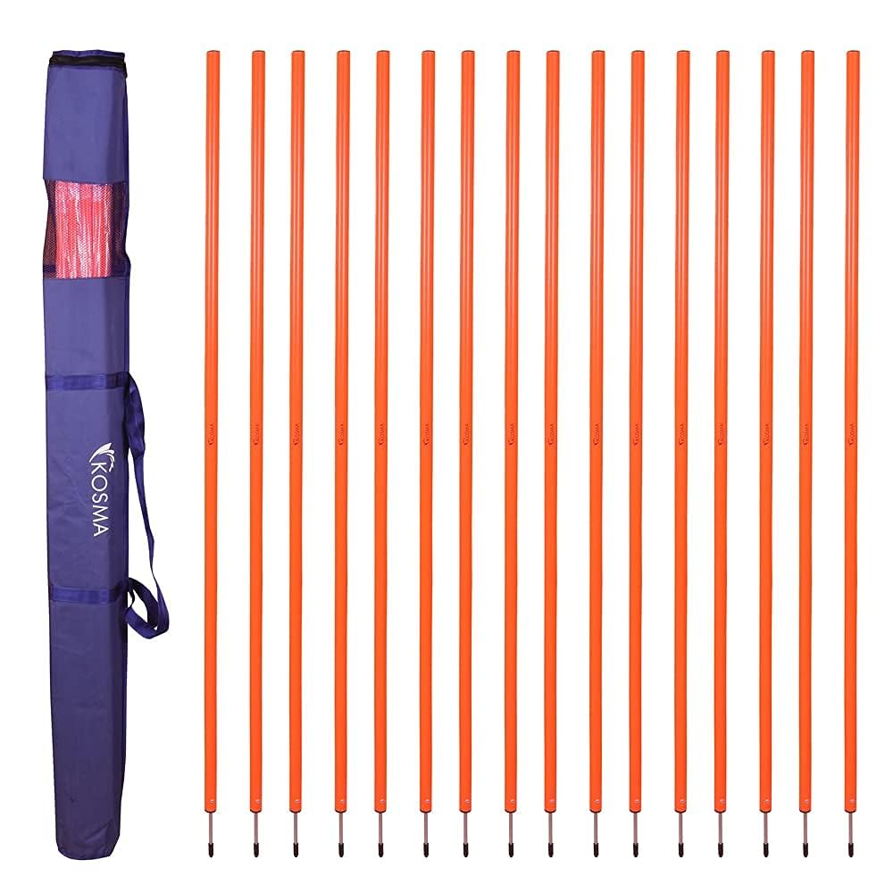 Kosma Pack of 16 Speed Training Slalom Poles 5ft x 25mm with Metal Spike in Carry Bag (Orange) | Spring Loaded Agility Training Pole | Football Training Posts | Multi Sports Equipment