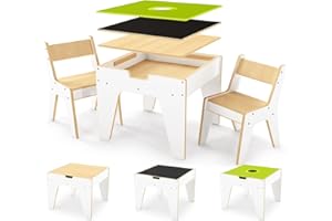 WINGYZ Kids Table and Chair Set for Study, Building, Art, Dining 4 in 1, Toddler Activity Table with Storage for Big/Small Blocks Construction, Wooden Sensory Play Desk with Chalkboard, Boy Girls Gift