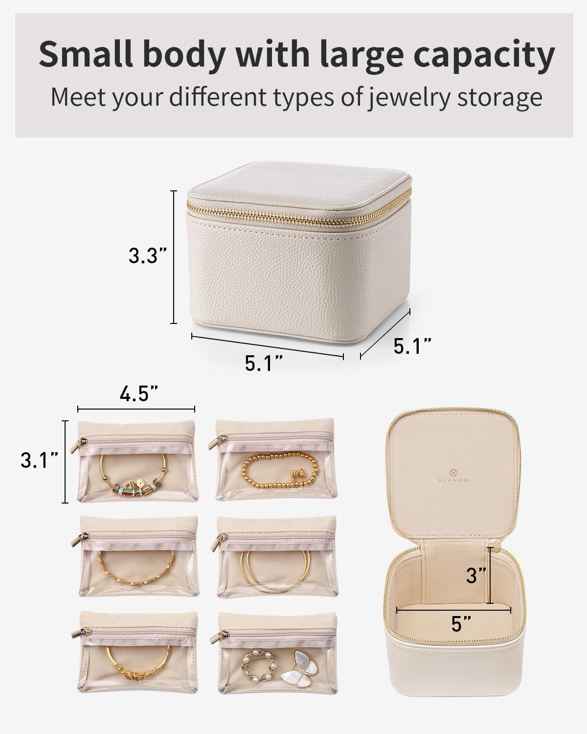 Vlando Travel Jewelry Case,Small Jewelry Box Organizer,Travel Jewelry Storage with 6 Velvet Jewelry Zipper Pockets, Birthday Gifts for Women Girls (White)