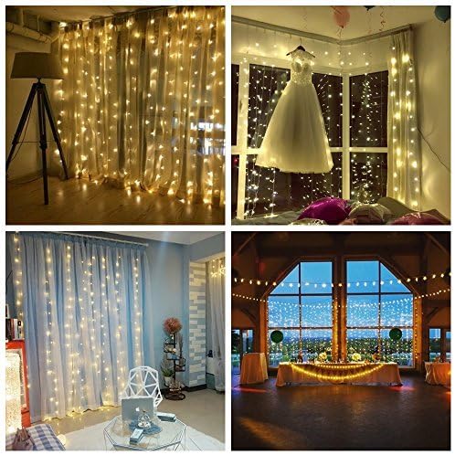 LED Curtain Lights 9.8 x 9.8ft with 300 pcs led, Remote Control, 8 Flash Modes Waterproof String Light for Indoor and Outdoor Badroom, Saloon, Garden, Christmas, Wedding, Party - Warm White