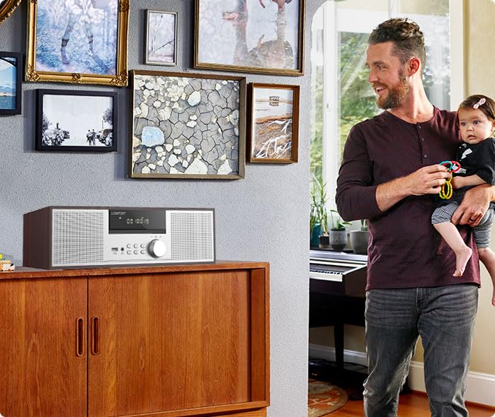 LONPOO Stereo Shelf System for Home, Vintage CD Player 40W RMS Micro Mini System with Remote Control, Bluetooth, FM Radio, USB MP3 Playback & Aux-in,Silver