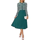 ZESICA Womens Long Sleeve Striped Midi Dresses Crewneck Button Ribbed Knit Pleated A Line Swing Sweater Dress