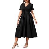 winkbay Women's Plus Size V Neck Midi Dress Summer Ruched Short Sleeve A Line Flowy Elegant Casual Dresses