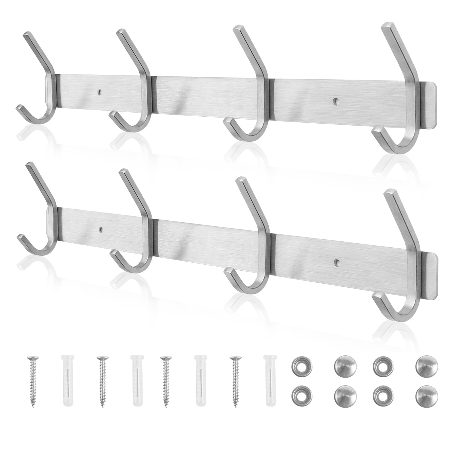 Qiannhee 2 Pack Coat Racks Wall Mounted 43CM up to 40KG Heavy Duty Coat Hook Rack Rustproof Clothes Hooks Rail SUS304 Stainless Steel 4 Hooks Wall Rack for Door, Kitchen, Bedroom, Bathroom, Entrance