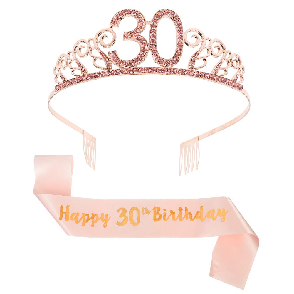 You&Lemon Rose Gold Happy 30th Birthday Sash and 30 Birthday Tiara Rhinestone Crown Headband for 30 Birthday Gift Party Accessories 30th Birthday Decoration Girls Women