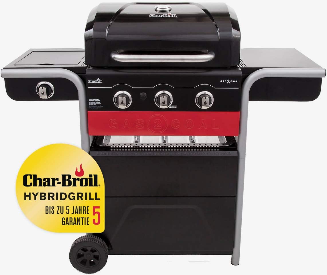 Char-Broil Gas2Coal® 330 Hybrid Grill - 3 Brenner Gas &amp; Kohlegrill mit Seitenbrenner, Schwarz.