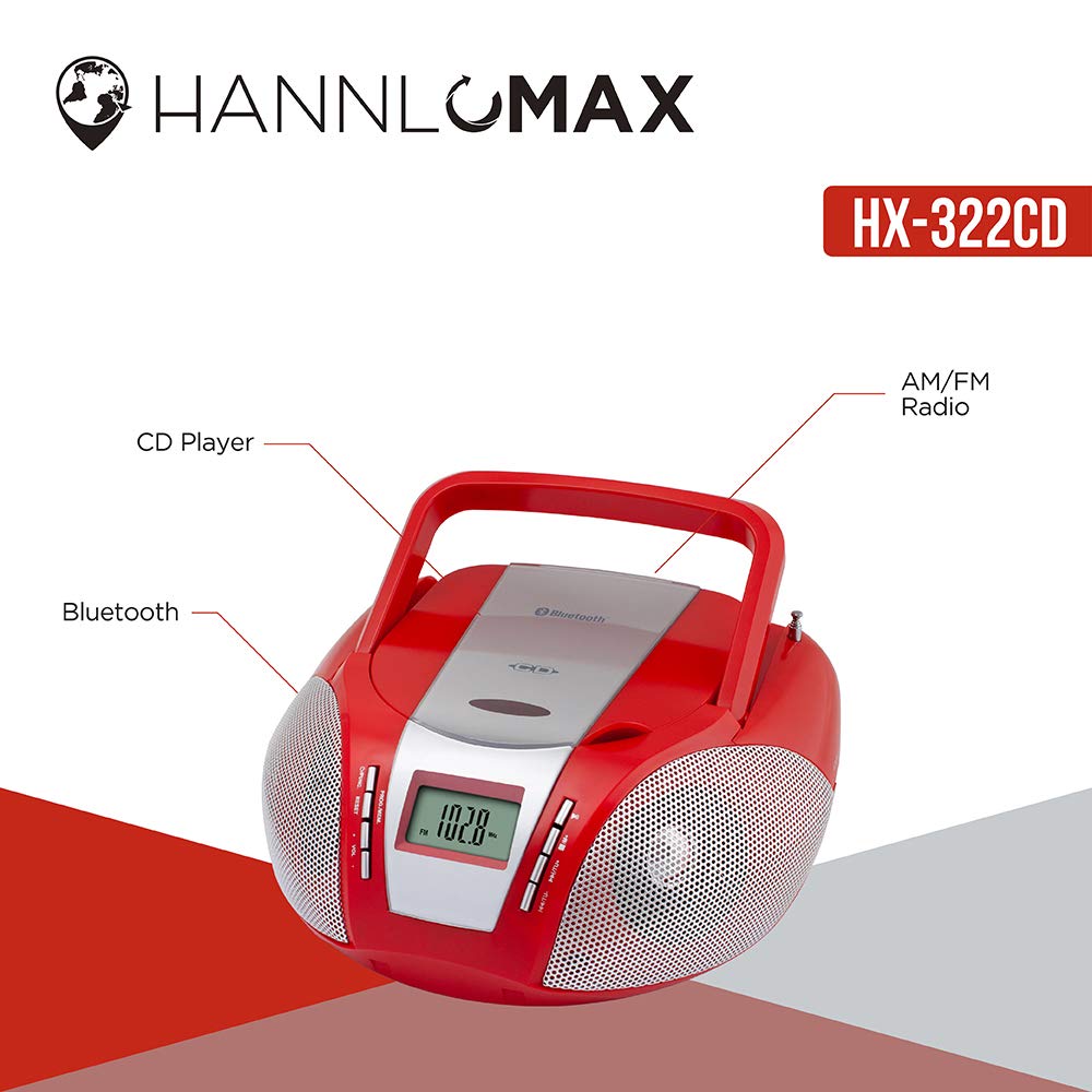 HANNLOMAX HX-322CD Portable CD Boombox with Radio, AM/FM Radio, Bluetooth, Aux-in, AC/DC Dual Power Source. (Battery not Included) (Red)