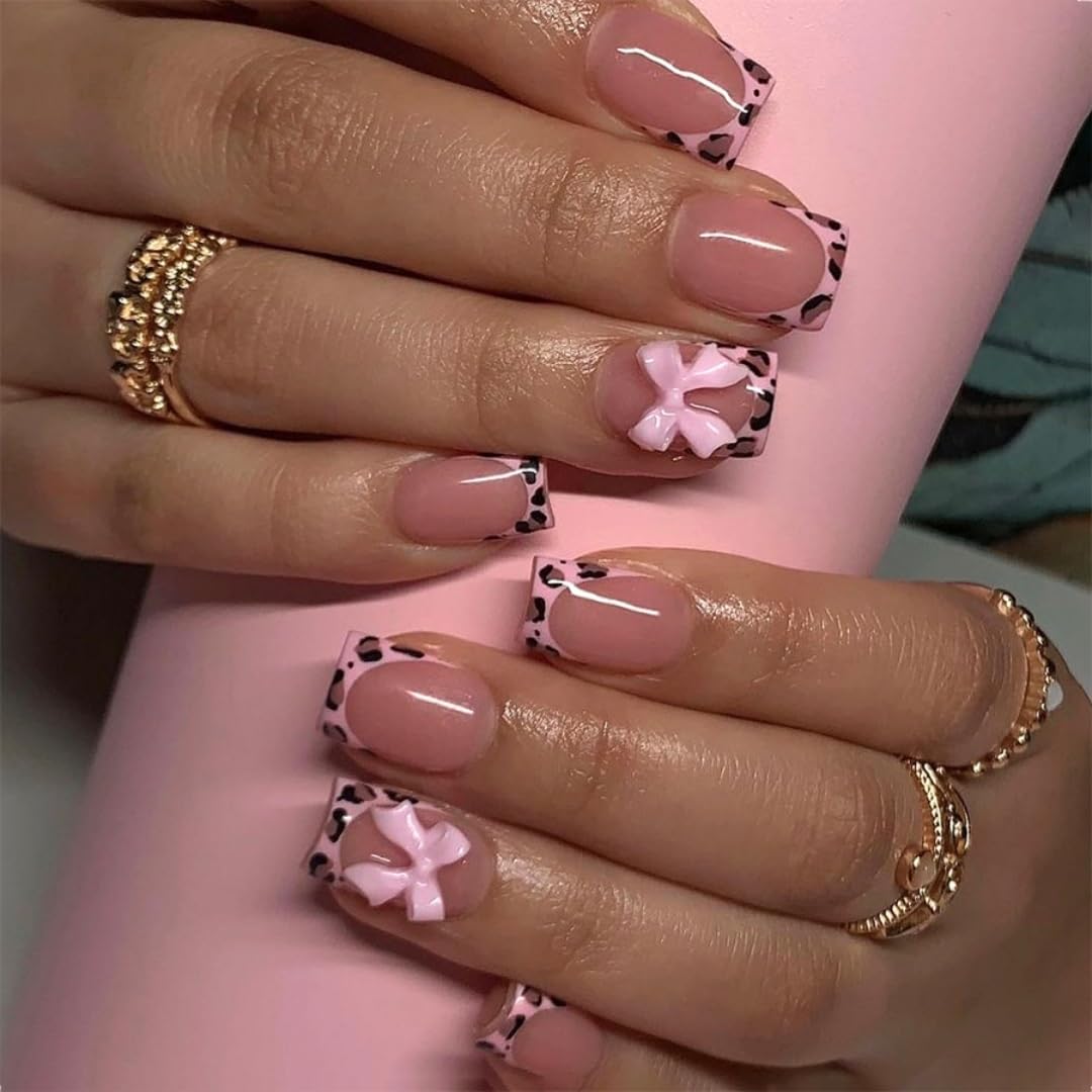 Pink French Tip False Nails Short Medium, SXVME Leopard Press On Nails with Cute 3D Bow Desgin, Glossy Acrylic Fake Nails Press ons Natural Nude Full Cover Stick on Nails For Women Daily Wear 24 Pcs
