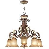 Livex Lighting 8575-63 Villa Verona 5 Light Verona Bronze Finish Chandelier with Aged Gold Leaf Accents and Rustic Art Glass