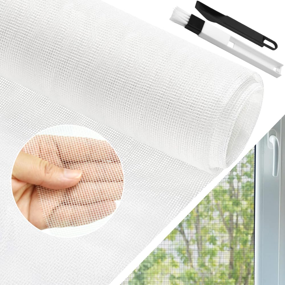 BUZIFU Window Screen Mesh 90x500cm Fly Screen Fiberglass Window Screen Mesh Insect Mesh Window Mosquito Window Net Cat-Proof Window Net with A Cleaning Brush for Windows and Doors(White)