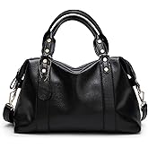 PORRASSO Elegant Ladies Shoulder Crossbody Top-Handle Work Travel Dating Boston Bag - Waterproof PU Leather Black