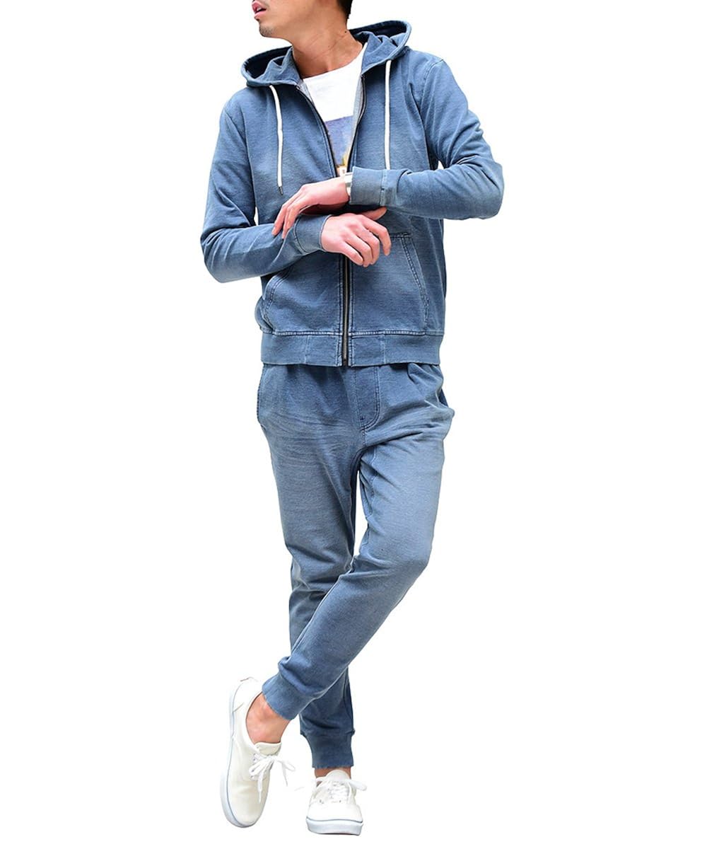 ルービック(RUBIK) セットアップ メンズ パーカー トレーナー ジョガーパンツ スウェット パンツ カットデニム スキニー S ブルー