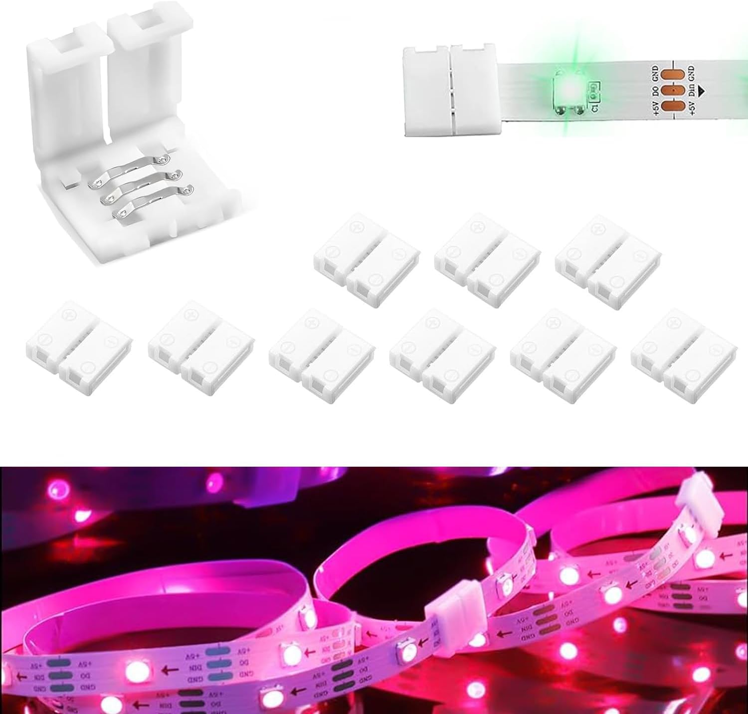 SHAOYAYAZHANG Pack of 10 3-Pin LED Connectors for LED Strip Lights 8 mm Wide Gapless LED Tape Light Clips Solderless Adapter Extension (3pin-8 mm)