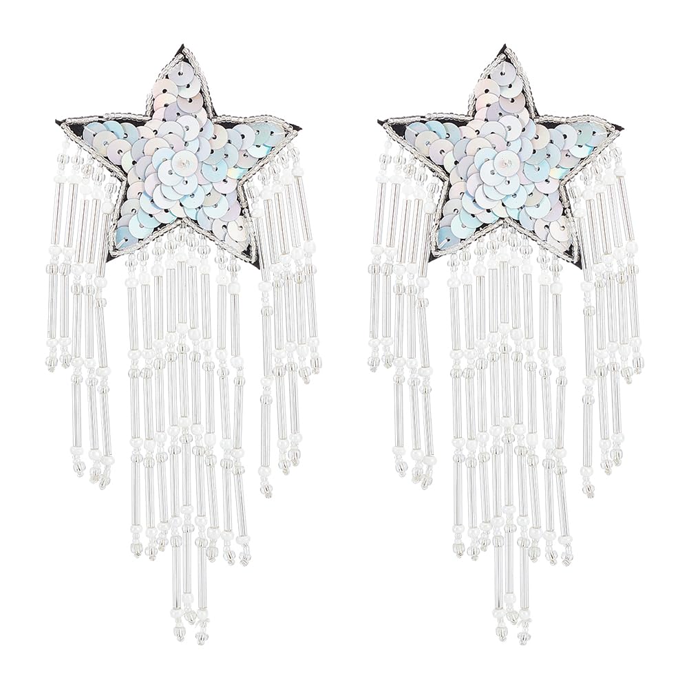 FINGERINSPIRE 2PCS Sequins Star Patch with Beaded Tassel White Sew on Beaded Star Patch Iridescent Sequin Star Applique with Glass Beaded Tassel DIY Sparkling Star Clothes Patch for Clothing Dress