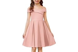 Arshiner Girls Summer Dress Off Shoulder Fold Pleated Formal Elegant A-Line Party Dresses with Pocket