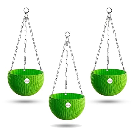 Kraft Seeds Hanging Planter Euro Elegance Round Solid Look and Feel Pots for Home & Balcony Garden 17.5cm Diameter (Pack of 3) Green