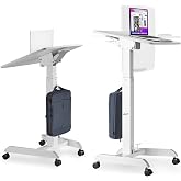 AVLT 47" Height Adjustable Mobile Workstation with Tilting Desk - White | 3 ft 11 inches - Foot Pedal Pneumatic Standing Desk Cart - Mobile Laptop Cart - Mobile Cart with Brake Casters
