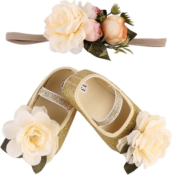 Amazon Co Jp ベビーシューズ ガールズ ベビー靴 ヘッドバンド バンド セット プリンセスシューズ おしゃれ 3サイズ ゴールデン 13cm 服 ファッション小物