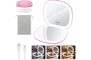 Benbilry 3.9" Rechargeable Compact Makeup Mirror with 3 Light Colors and Magnification 1X / 10X, Double Light Strip Dimmable Travel Makeup Mirror LED Compact Mirror Small Purse Mirror, Pink