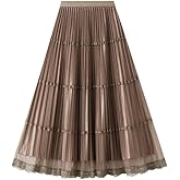 Women's Midi Skirt Elastic High Waist Lace Tulle Skirt Pleated Skirt Two Layered Reversible Skirt