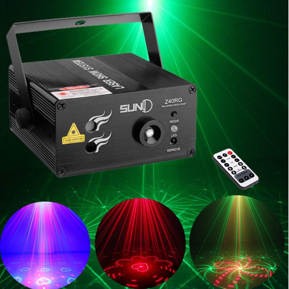 Professional Mini Portable Stage Laser Lights Red Green With Blue 40 Patterns Laser Light Remote Control Auto Sound Activated Laser Stage Projector for Holiday Family Party DJ Disco Xmas Bars Clubs