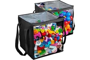 CARPETBOX 2 Piece Extra Large Toy Storage Clear Bags with Zipper 14"x14"x14" Clear Plastic Bins with Handle, Toy Organizer for Kids playroom, Blocks, Clothes, Stuffed Animal Storage