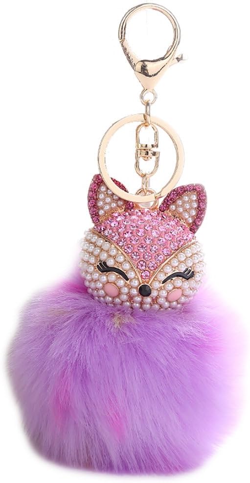 Real Rabbit Fur Pom Pom Ball Keychain Fox Head Fluffy Ball Keychain