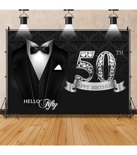 DORCEV 12x10ft Photography Backdrop For Man 50th Birthday Silver Hello Fifty Necktie Suit Tuxedo Photography Background For Party Decor Birthday Banner Wallpaper Banquet Photo Portrait Studio Props