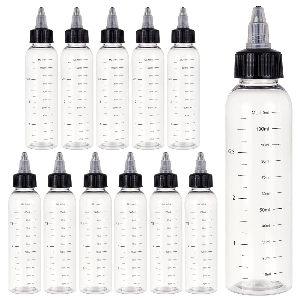 BENECREAT 12PCS 110ml Scale Empty Plastic Squeeze Bottles with Black Twist Graduated Squeeze Dispensing Bottles for Ink Liquid, Oils, Gels, Glue