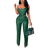 WOKANSE Women's Sexy Chic PU Faux Leather 2 Piece Outfits Tube Crop Tops and Casual Straight Leg Trousers Pants Set