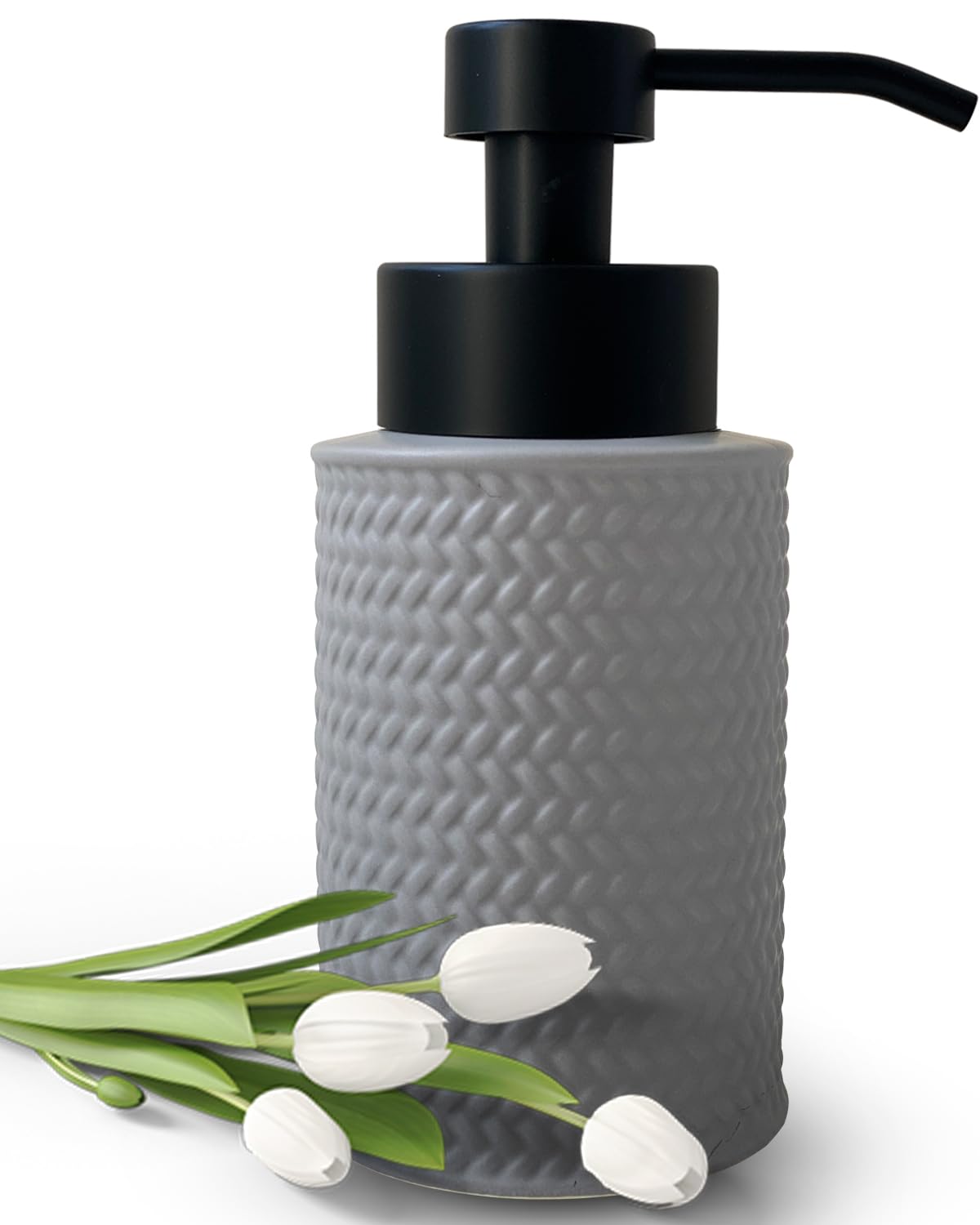 Photo 1 of 10 Oz Foaming Soap Dispenser for Bathroom,Kitchen Foam Soap Dispenser,Refillable Modern Foam Pump Bottle,Black Ceramic Foaming Hand Pump Dispenser (Grey Weave)