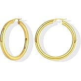 Thick Gold Hoop Earrings for Women 18K Gold Plated Big Hoop Earrings Lightweight Large Chunky Hoop Earrings