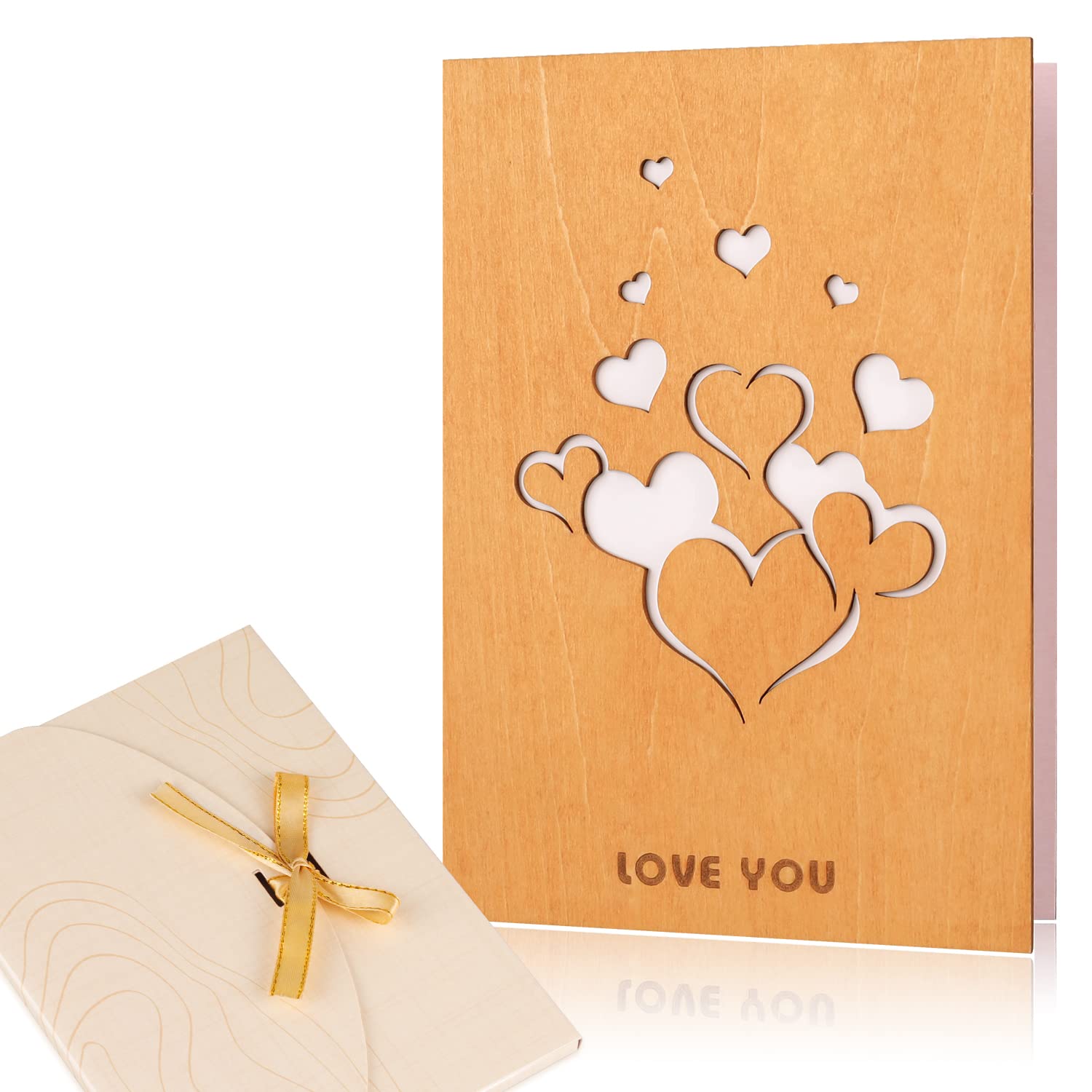 Creawoo Handmade Wood Love Greeting Card with Card Box, Natural Wooden Love You Card, Perfect Valentines Day, Anniversary, Birthday Gift Cards for Her, Him, Wife, Husband