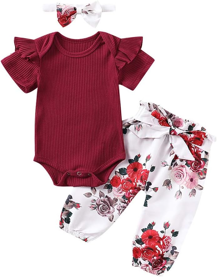 KpopBaby 3PCS Infant Toddler Baby Girl Clothes Ruffle Romper Bodysuit Floral Halen Pants Headband Outfits