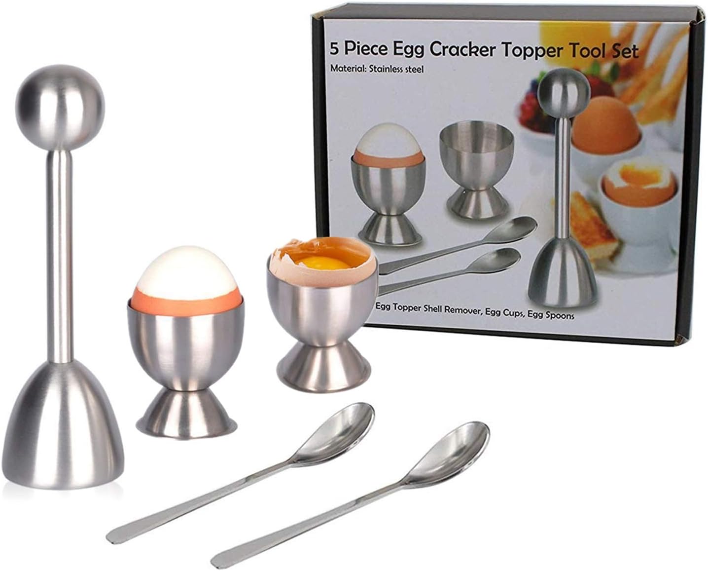 Egg Cutter Topper Set, 5 pcs Stainless Steel Egg Opener Egg Whacker Poached Egg Separator Egg Cracker Tool for Soft & Hard Boiled Eggs (2 Egg Cups+2 Oval Egg Spoons+1 Egg Topper Cutter Shell Remover)