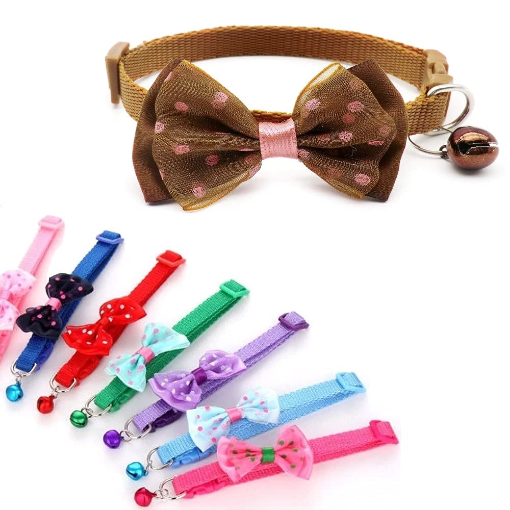 Small Dog Puppy Pet Collar Bow Tie Decoration with Bell Nylon Adjustable Size 19-32cm Brown