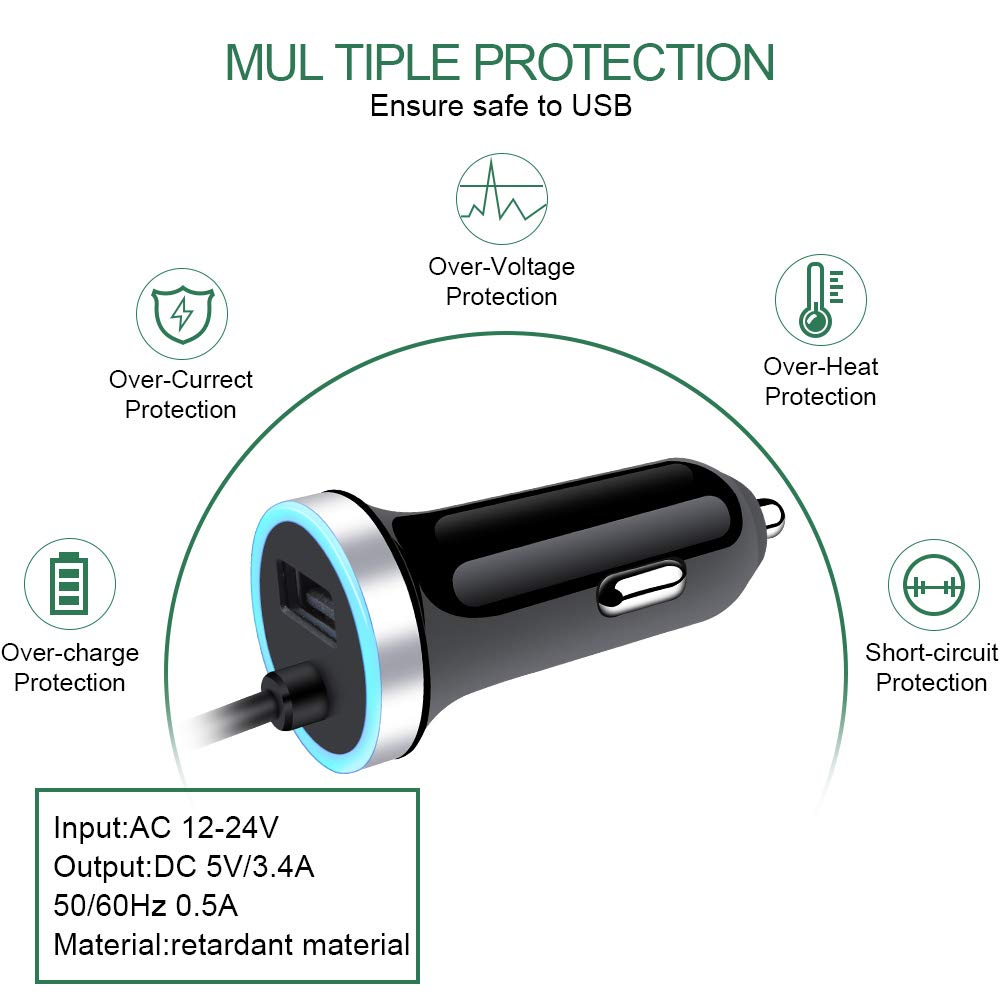 USB C Car Charger, 3.4A Fast Charging Car Charger for Samsung Galaxy S24 S23 S22 S21 S20 S10E S9 S8 Note 20 10 A16 A15 A14 A50 A20 A51 A71 A21 A10E, LG Stylo 6/5, Car Adapter 3ft Type C Charger Cable