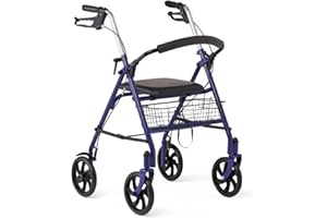Medline Steel Rollator Walker with Seat, Blue, 300 lb. Weight Capacity, 8” Wheels, Foldable, Adjustable Handles, Rollator Walker for Seniors, Rolling Walker for Mobility Impairment