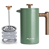 POLIVIAR French Press Coffee Maker, 34 oz Coffee Press with Real Wood Handle, Double Wall Insulation & Dual-Filter Screen, Food Grade Stainless Steel for Good Coffe and Tea (Flatland)