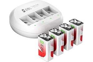 EBL 4 Bay 9V Lithium ion Battery Charger with 600mAh 9V Li-ion Rechargeable Batteries 4 Packs