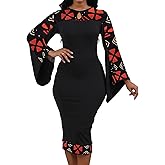Oxgmoky Women's African Print Dress Work Business Bodycon Long Sleeve Round Neck Pencil Dresses