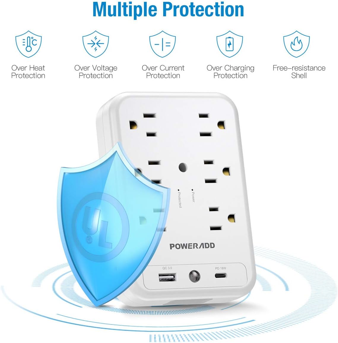 Socket Shelf Wall Outlet, POWERADD 6 Outlet Extender Surge Protector with USB C PD 18W Fast Charging Ports, Multi Plug Outlet with Removable Built-In Shelf and Smart Night Light for Bathroom/Home/Dorm: Home Audio & Theater