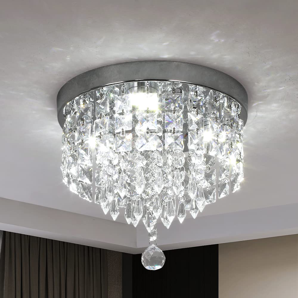 Deckrico Crystal Chandelier Modern Led Ceiling Light Flush Mount Stainless Steel Fixture Beaded Light Shade for Bedroom Dining Room Hallway Porch (Cool White)