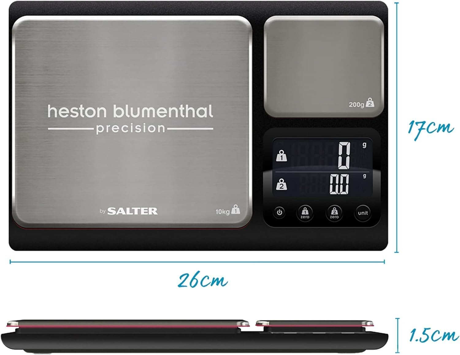 Heston Blumenthal Precision by Salter 1049A HBBKDR Digital Kitchen Scale – Dual Electronic Baking Scale, Large 10kg Platform, Small 200g Precision Platform, Add & Weigh Tare Function, Stainless Steel