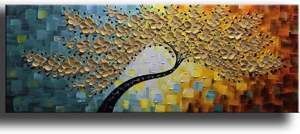 Paintings - YaSheng Art -100% Hand-Painted Contemporary Art Oil Painting On Canvas Texture Palette Knife Tree Paintings Home Interior Decor Abstract Art 3D Golden Flowers Paintings Large Canvas Art 24x60inch