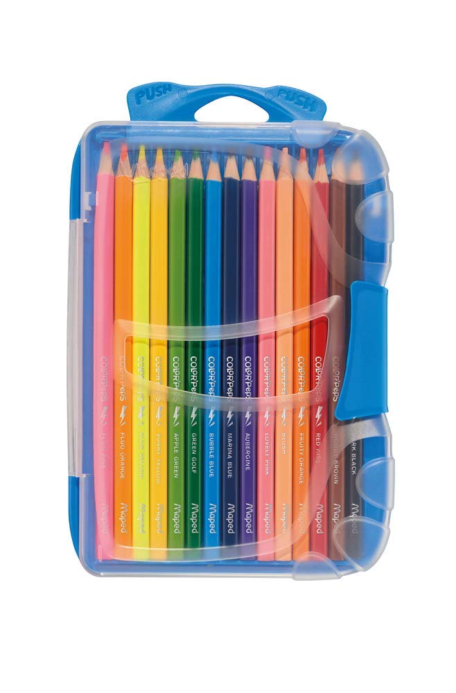 Maped - Ergonomic Triangular Colouring Pencils, Colour'Peps Smart Box - x12 Pens + x3 Fluo Pens