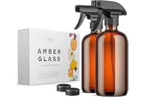 LiBa Amber Glass Spray Bottles 2 Pack, 16 oz Refillable Empty Spray Bottle for Cleaning, Essential Oils, Hair, Plants, Adjustable Nozzle for Squirt and Mist, Bleach/Vinegar/Rubbing Alcohol Safe
