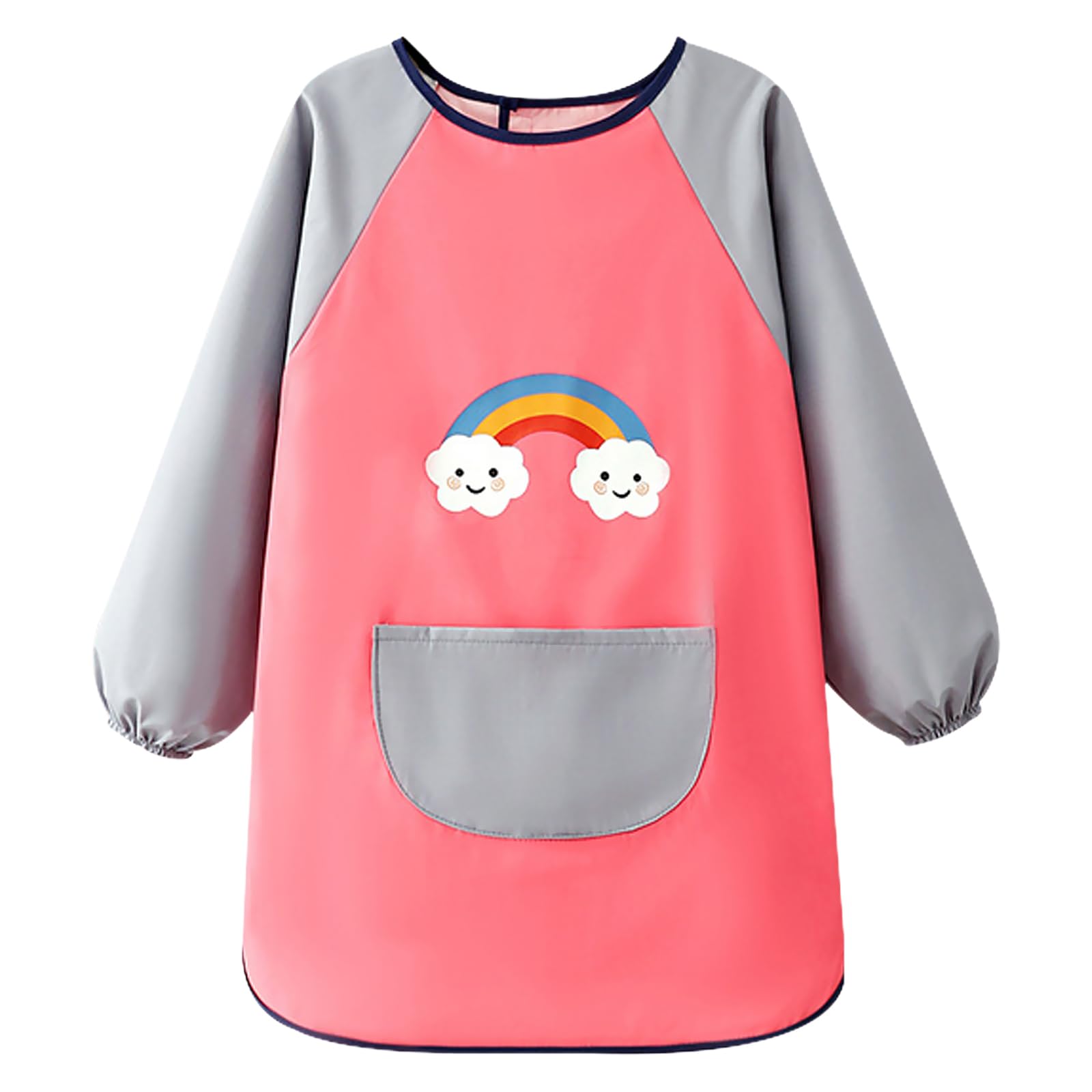 Mecmbj Kids Painting Apron, for Age 6-12 Years Girls Boys, Waterproof, Long Sleeves Kids Apron with Pockets, for Painting, Baking, Cooking, Craft, School, Home(Pink Gray)