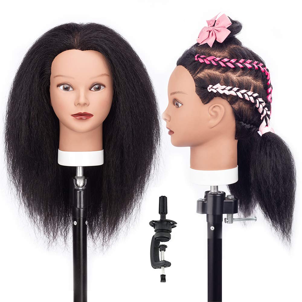 HLRM Mannequin Head 100% Real Hair Afro, Hairdresser Training Head, Manikin Dolls Head for Practicing Cornrows and Braids (Table Clamp Stand Included)