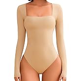 Avidlove Bodysuits for Women Sexy Long Sleeve Bodysuit Square Neck Double Lined Ruched Snap Closure Bodysuit Tops